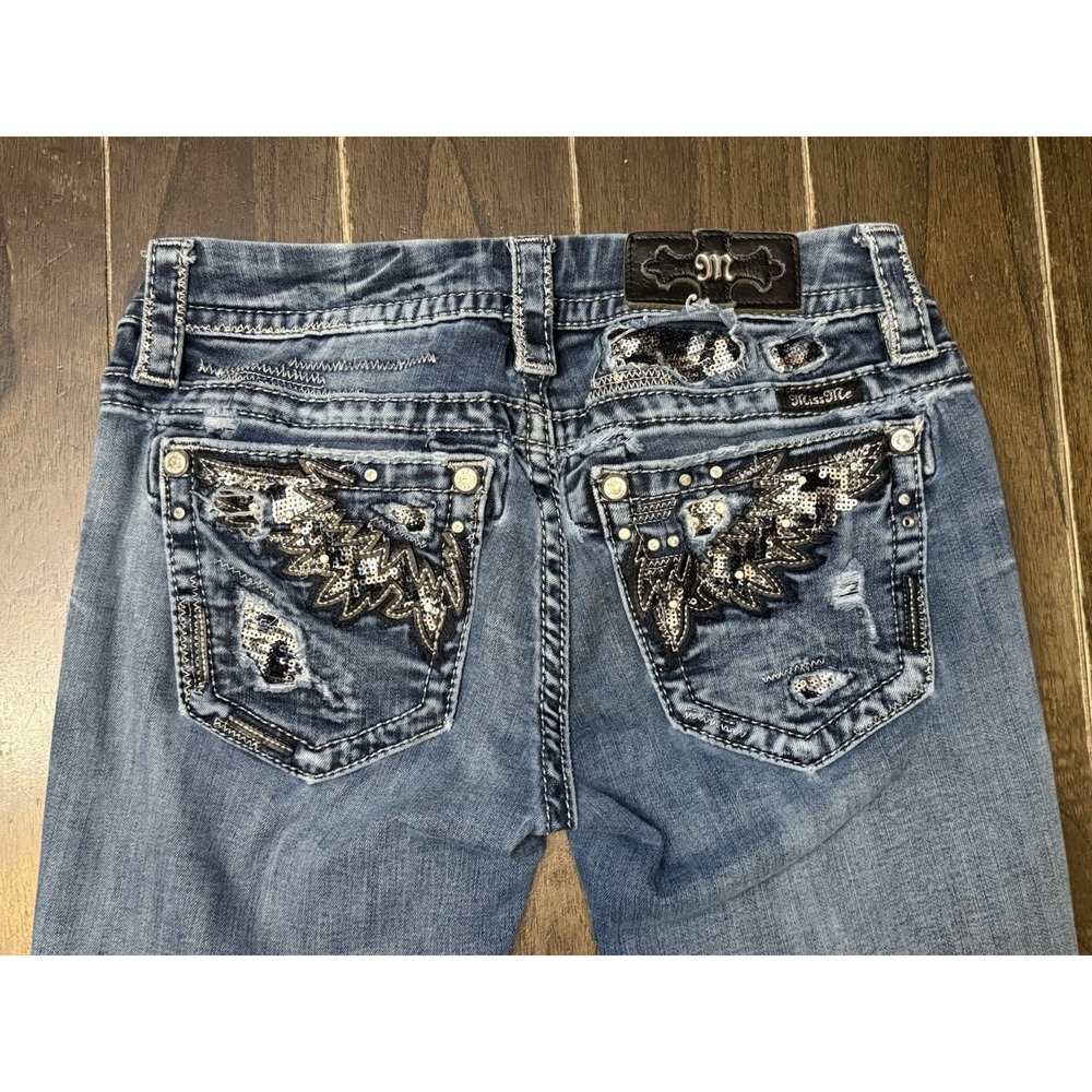 Miss Me Signature Boot Jeans 26 Low Rise 33 Inseam Rhinestone Wings Y2K McBling
